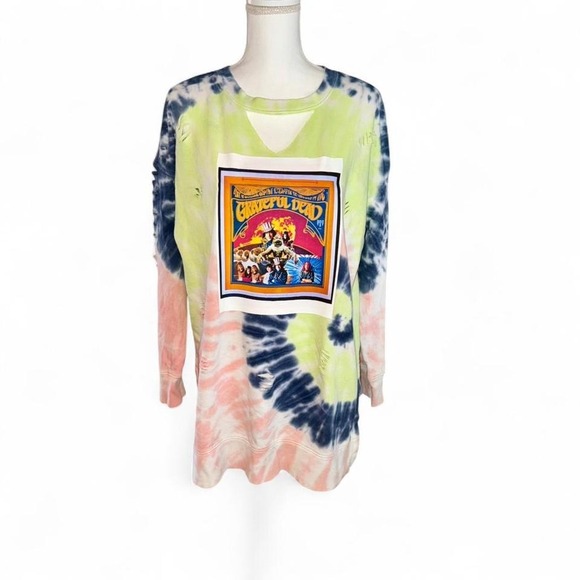 Old Navy Tops - Grateful Dead Band pastel tie-dye upcycled distressed sweatshirt Ladies XL